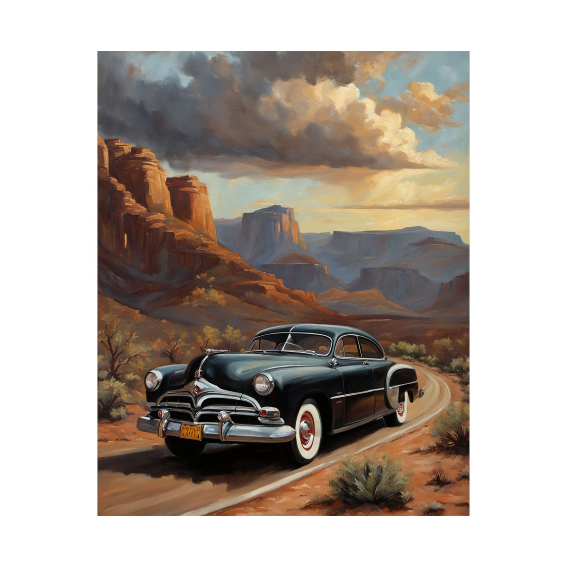 Vintage Car Art Poster featuring a classic black car on a scenic road with mountains and dramatic skies
