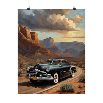 Vintage Car Art Poster featuring a classic car driving through picturesque mountain scenery