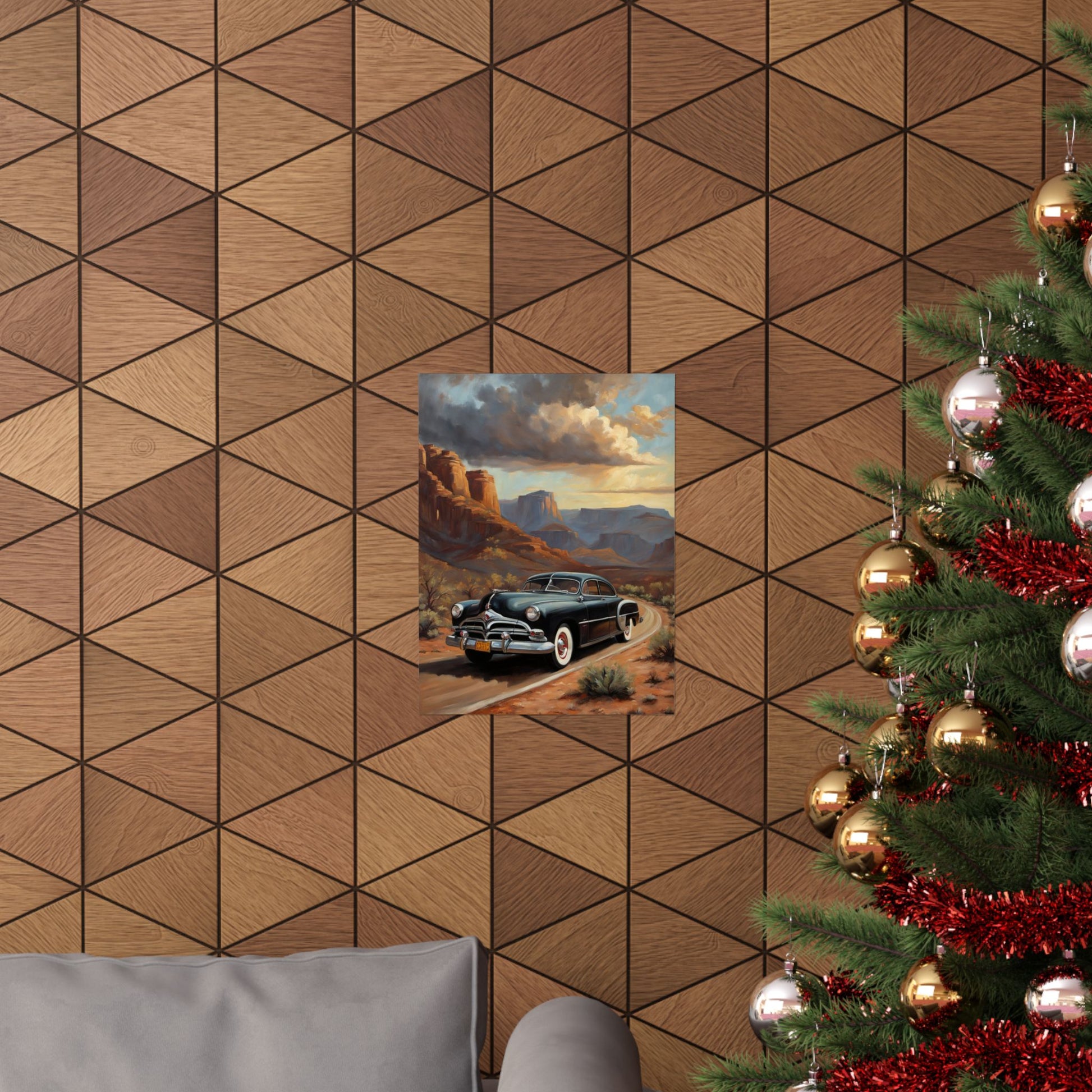 Vintage Car Art Poster featuring a classic car against a scenic desert backdrop on wall decor