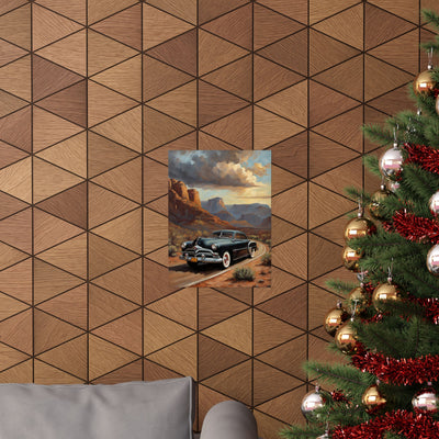 Vintage Car Art Poster featuring a classic car against a scenic desert backdrop on wall decor