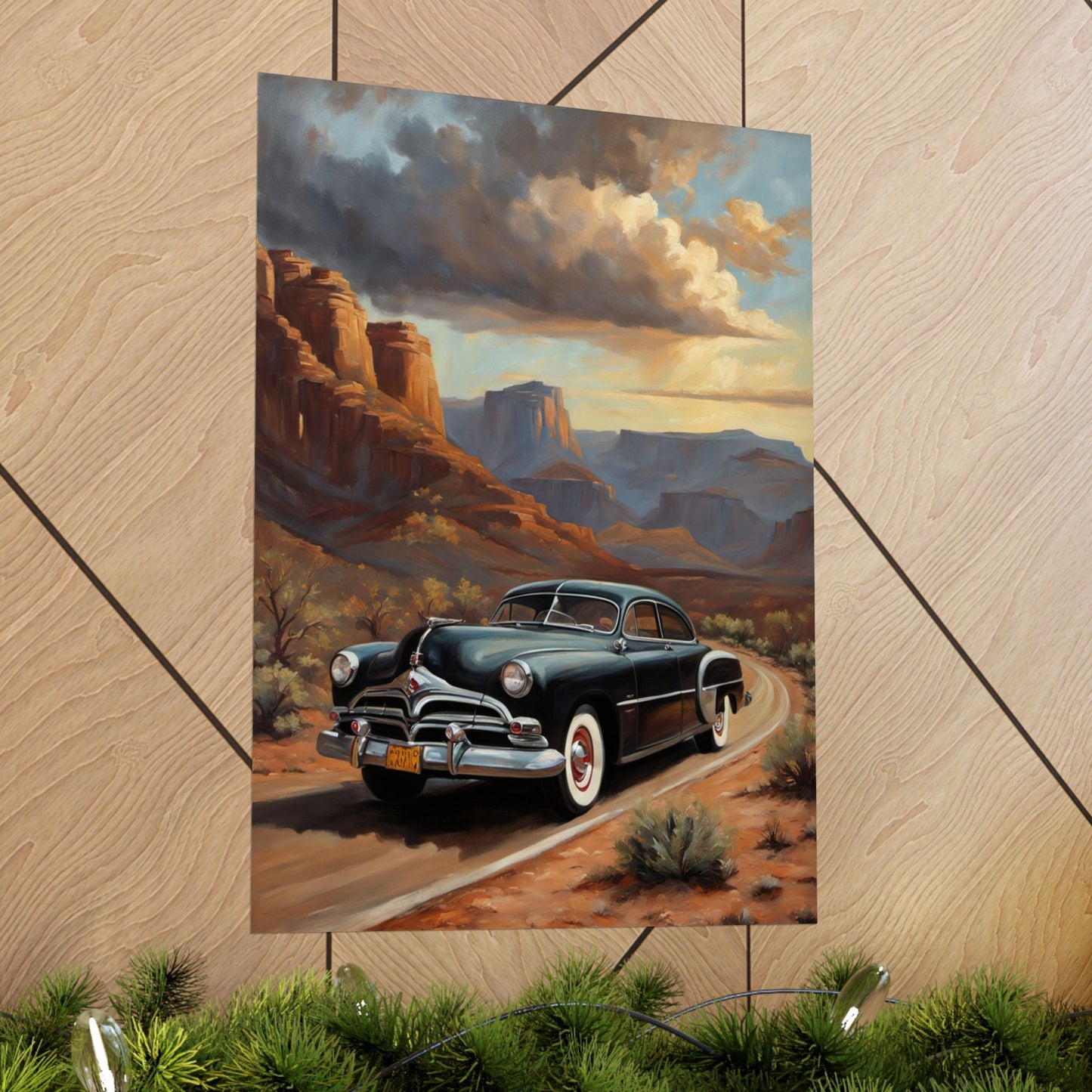 Vintage Car Art Poster featuring a classic car driving through a scenic mountain landscape