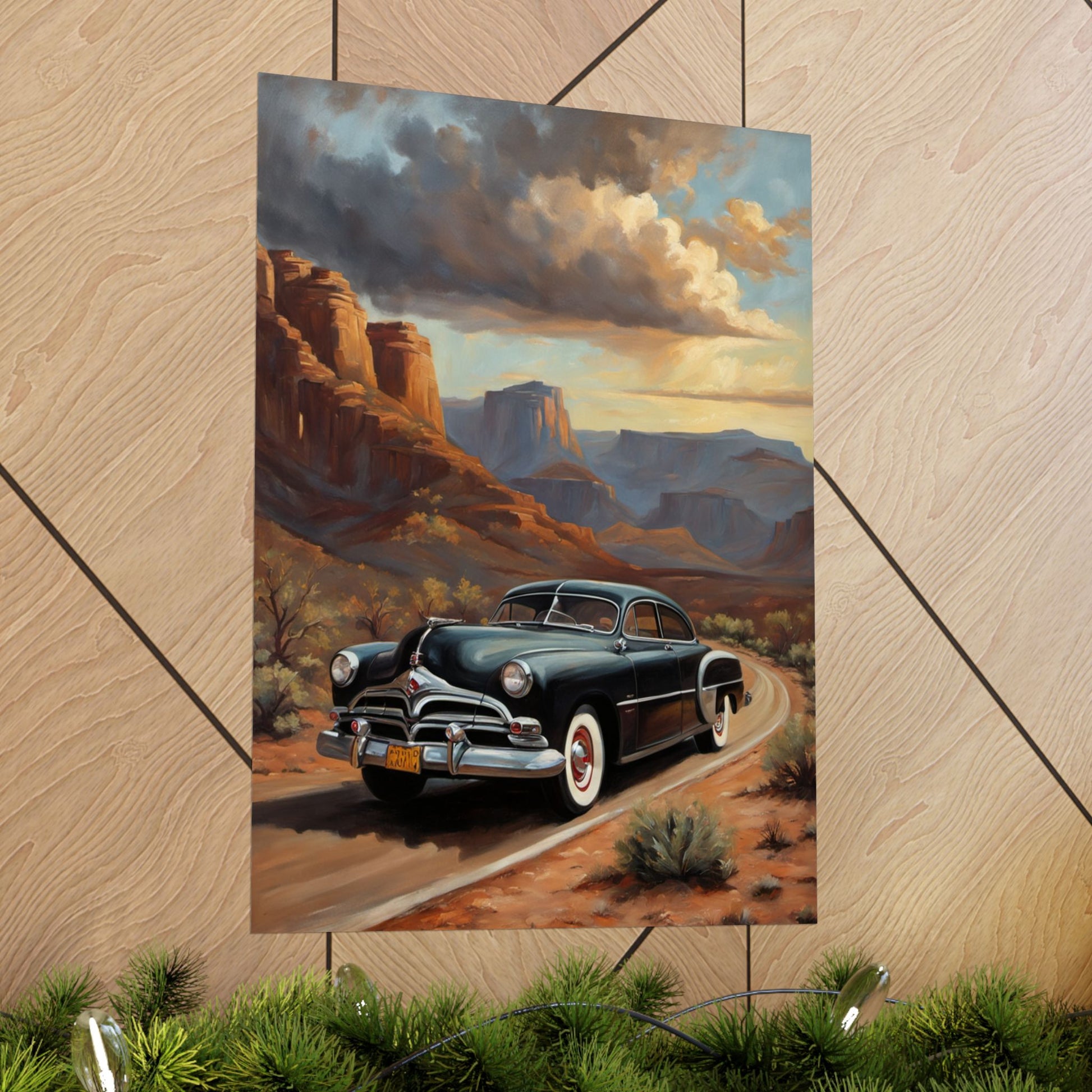 Vintage Car Art Poster featuring a classic car driving through a scenic mountain landscape