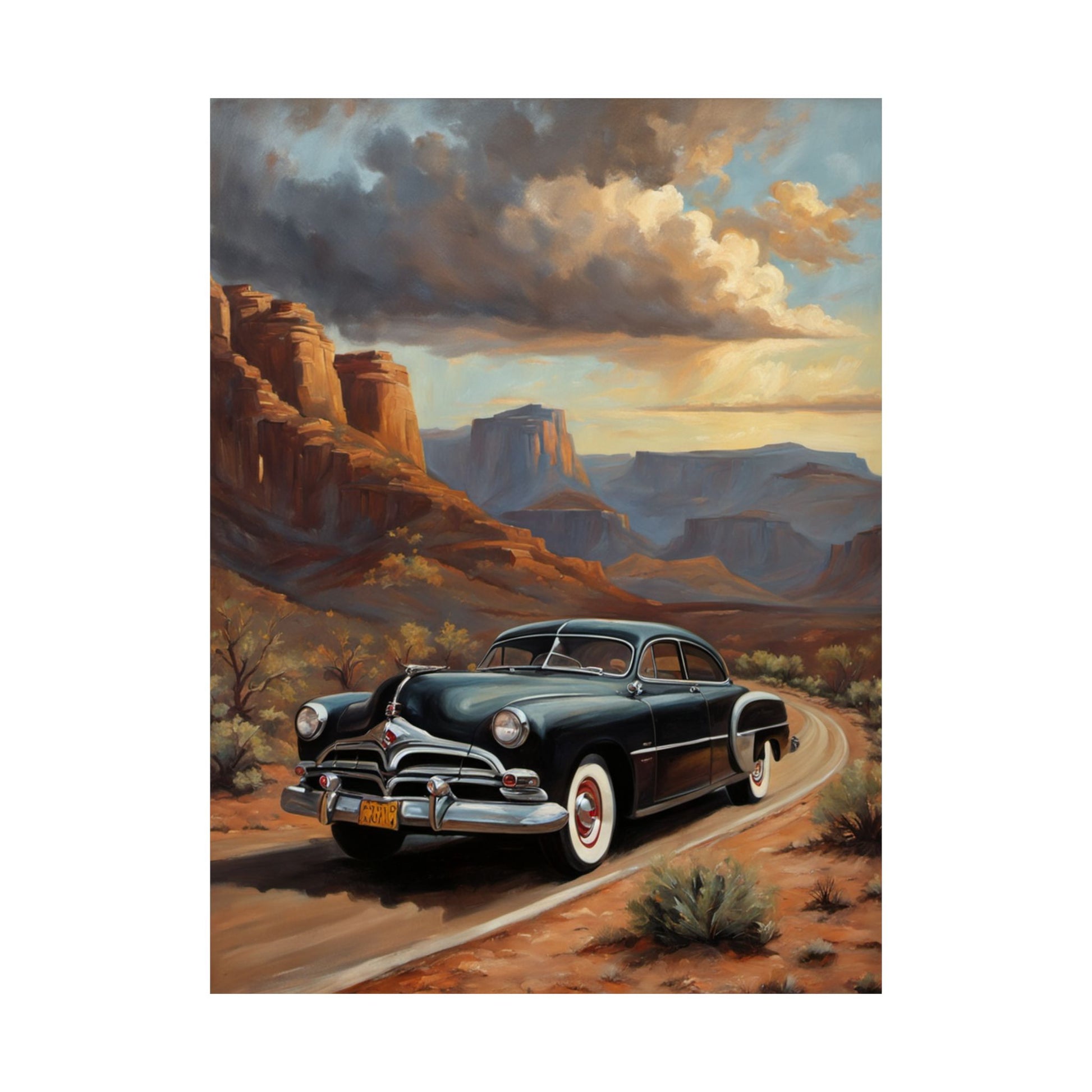 Vintage Car Art Poster featuring a classic black car on a scenic road with mountains in the background