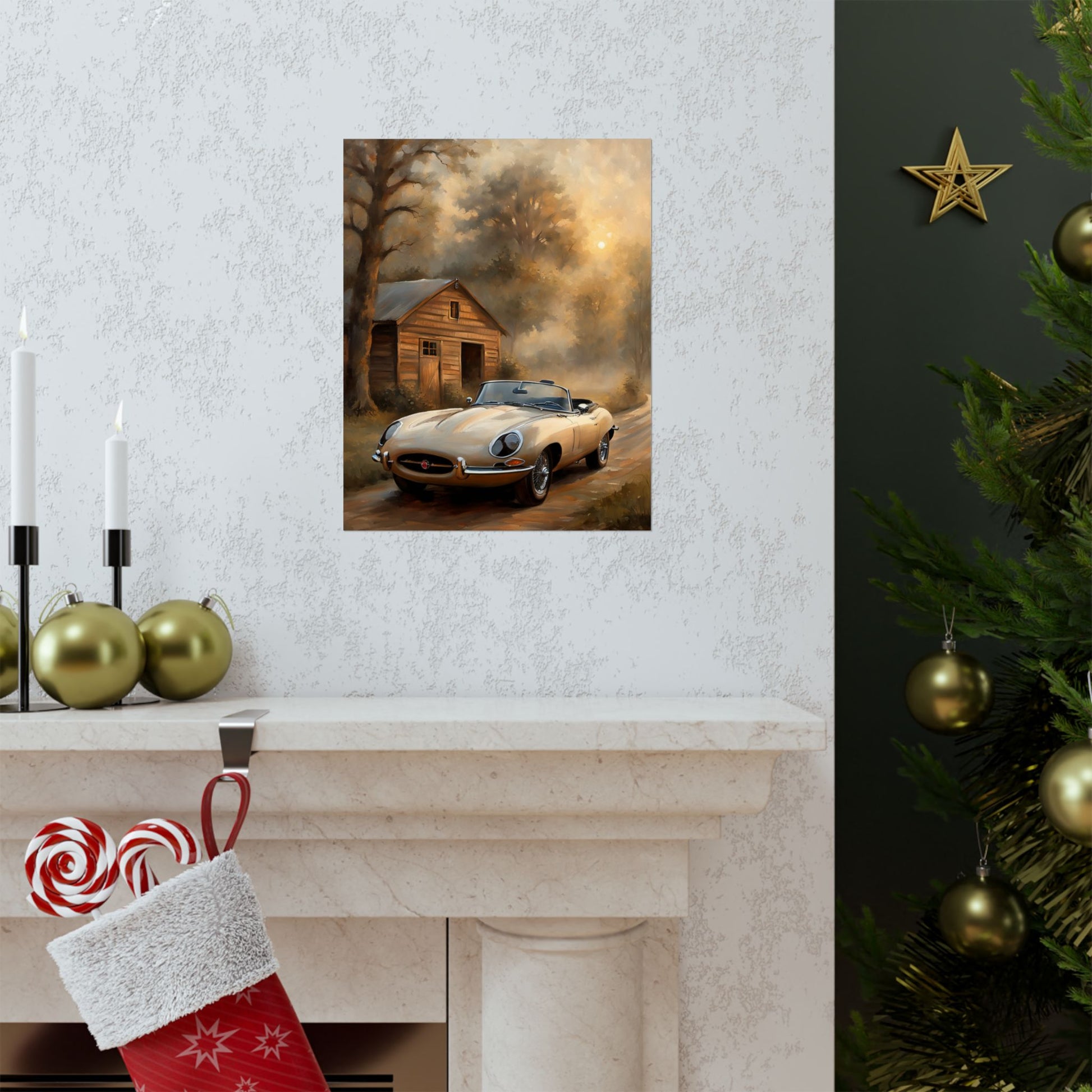 Vintage Car Art Poster featuring a classic car parked near a rustic cabin and trees