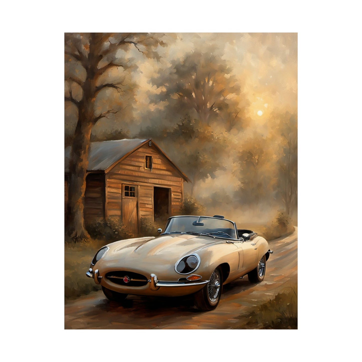 Vintage Car Art Poster featuring a classic convertible parked by a rustic cabin in a serene setting