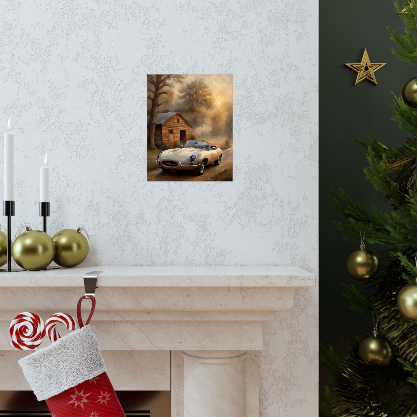 Vintage Car Art Poster featuring a classic car parked near a rustic cabin surrounded by trees