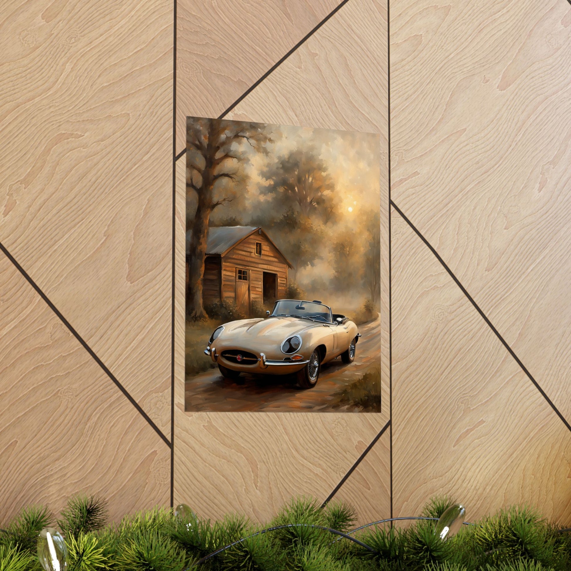 Vintage Car Art Poster featuring a classic car near a rustic cabin in a serene landscape