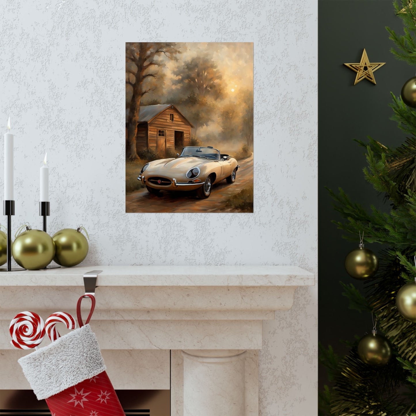 Vintage Car Art Poster featuring a classic convertible on a scenic path with a rustic cabin in the background