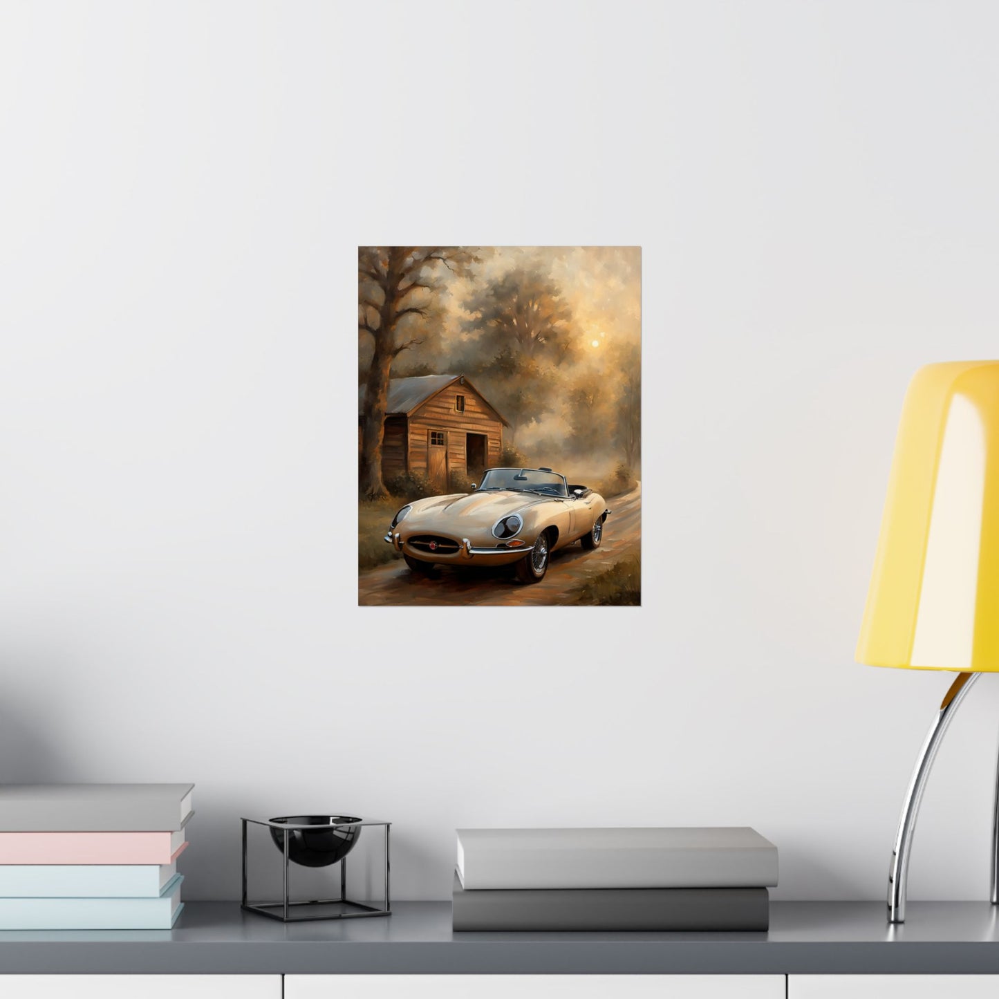 Vintage Car Art Poster featuring a retro car near a rustic cabin in a serene landscape