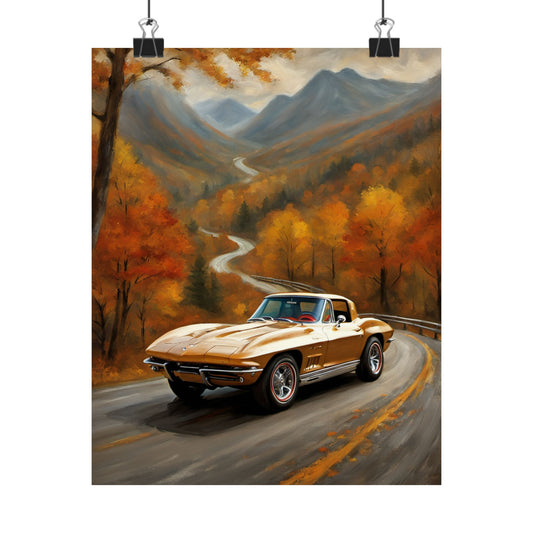 Vintage Car Art Poster featuring a classic car on a winding road surrounded by autumn foliage