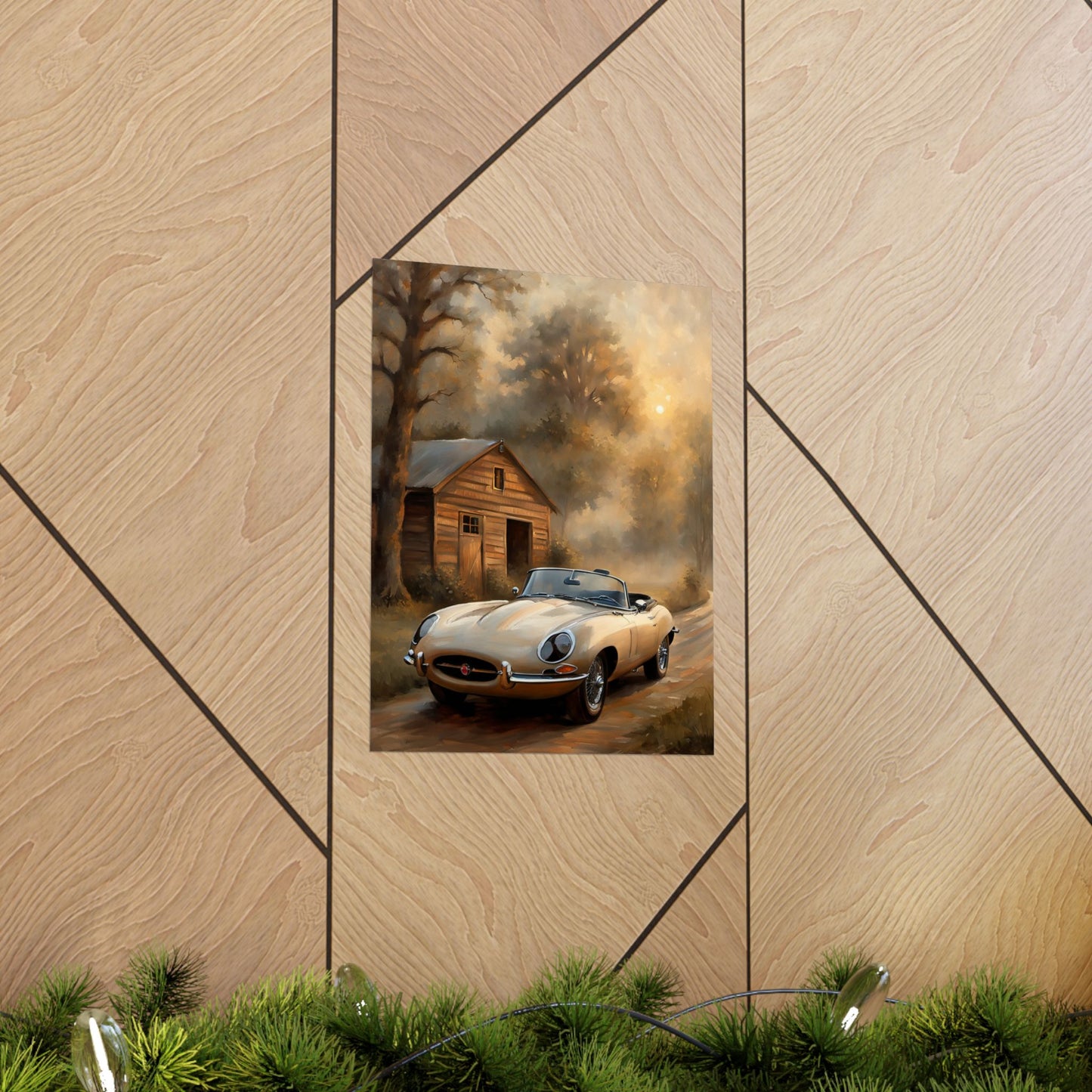 Vintage Car Art Poster featuring a classic car parked near a rustic cabin in a serene setting
