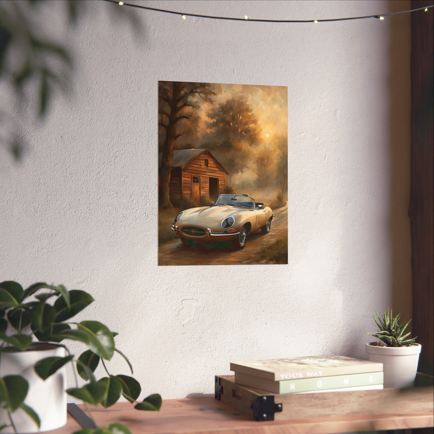 Vintage Car Art Poster featuring a classic car near a rustic cabin in autumn scenery