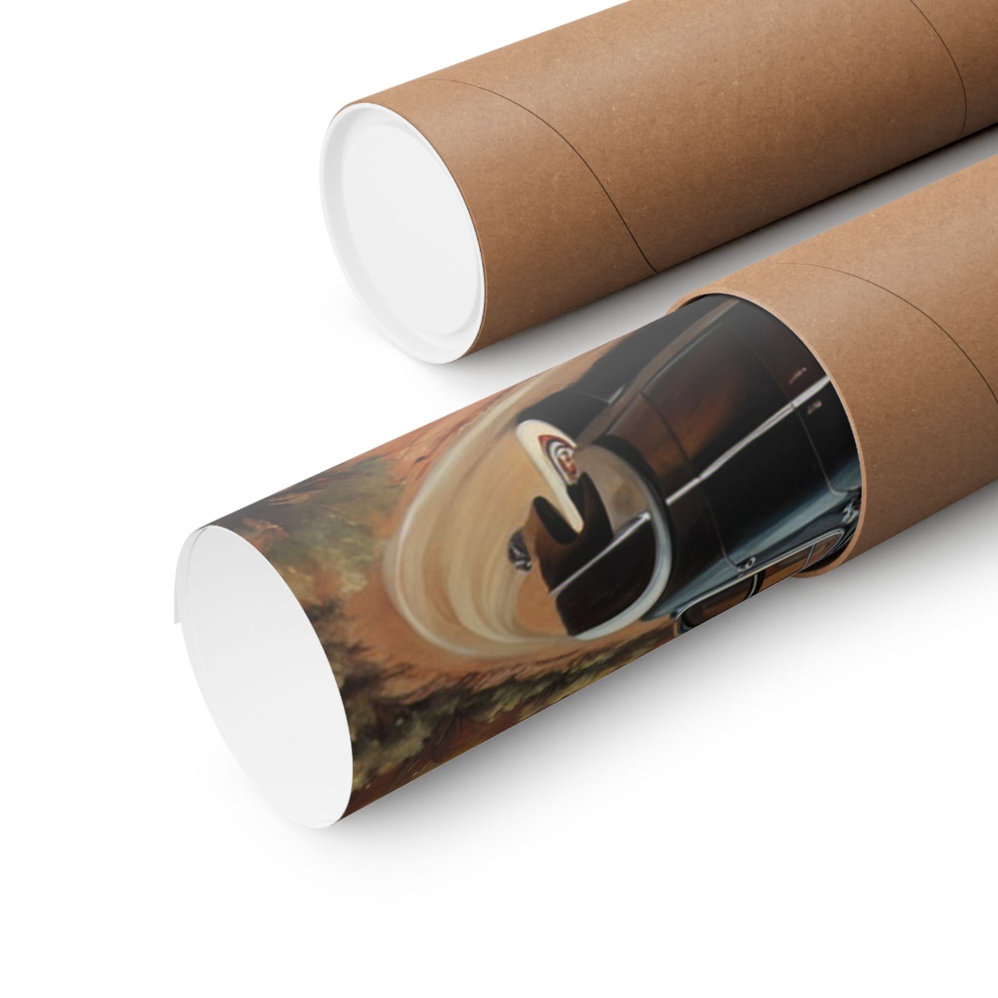 Vintage Car Art Poster rolled in protective tube with detailed artwork and rich colors