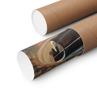 Vintage Car Art Poster rolled in protective tube with detailed artwork and rich colors