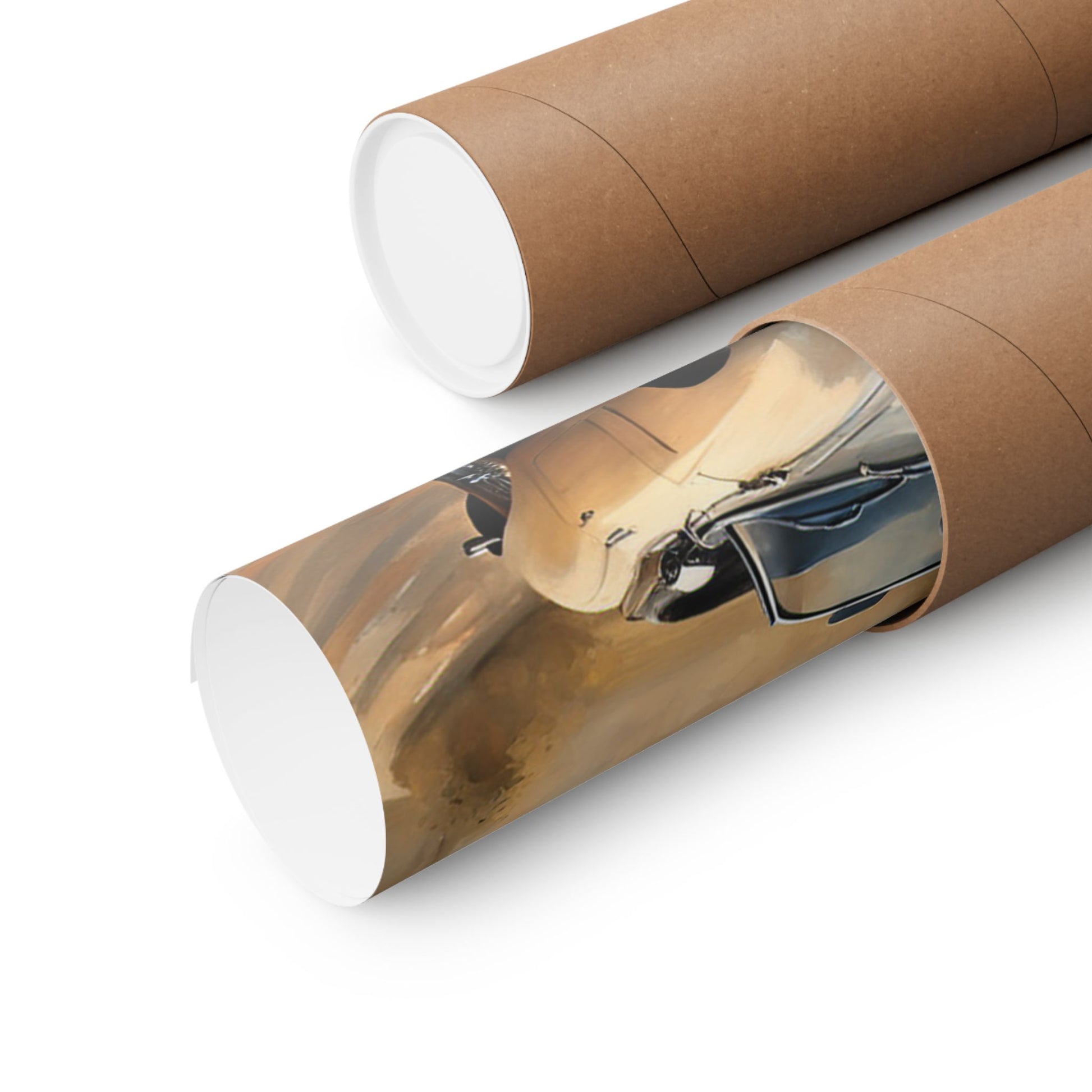 Vintage Car Art Poster rolled in a protective tube, showcasing classic automotive design