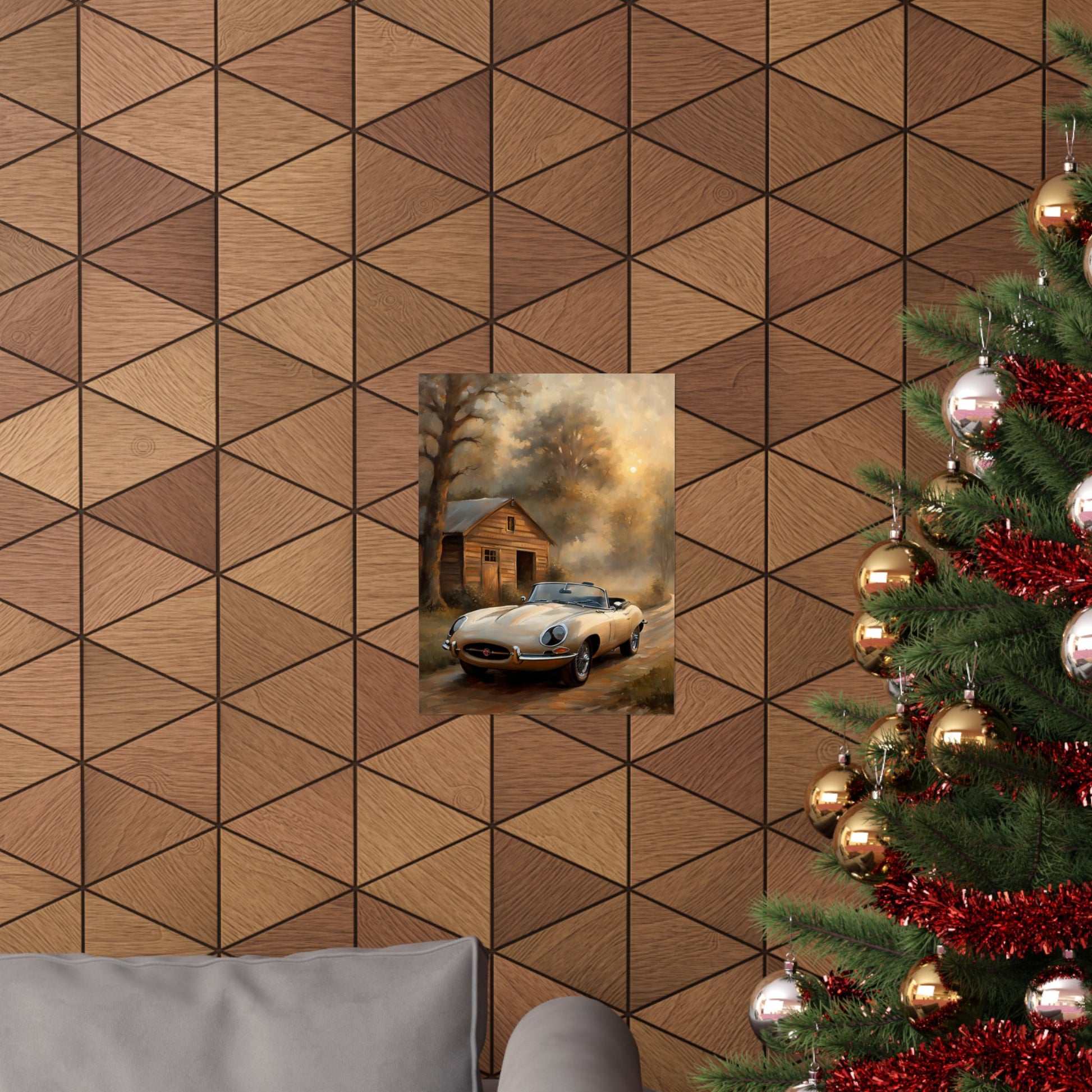 Vintage Car Art Poster featuring a classic car in front of a rustic cabin and festive decor