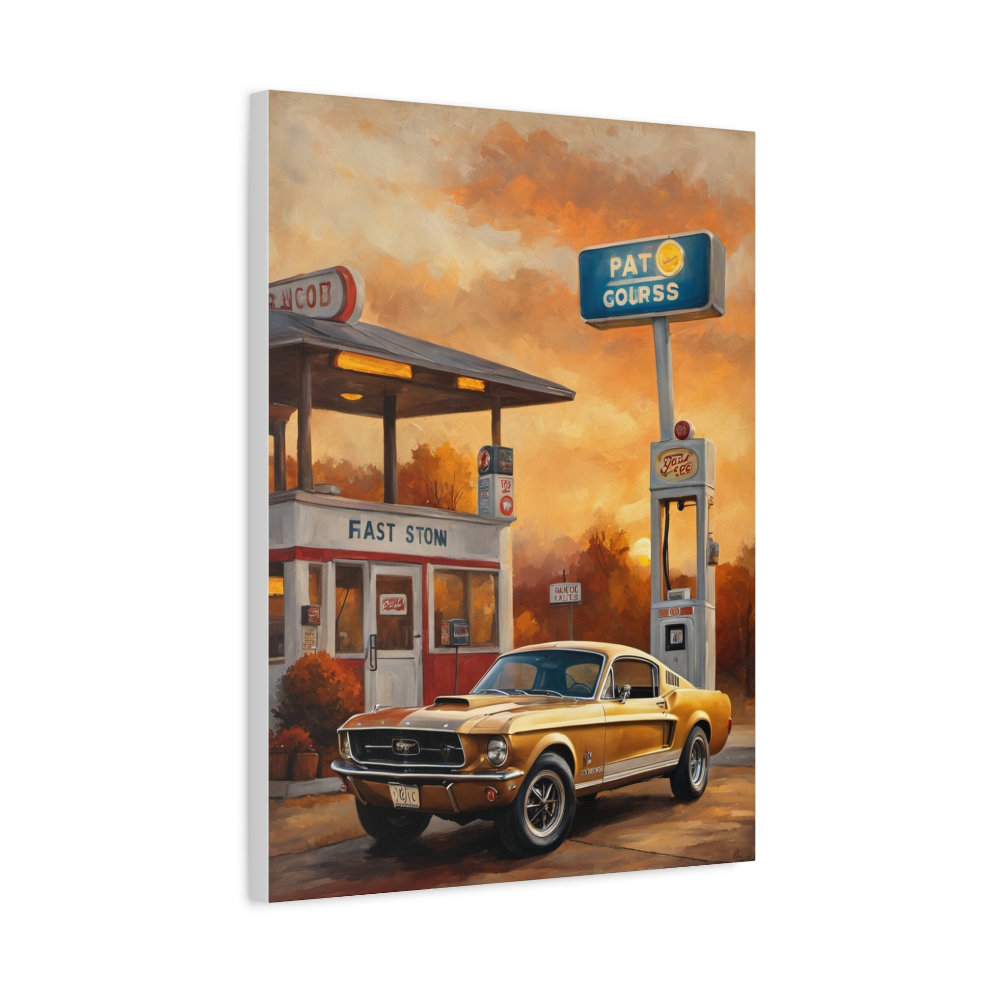 Vintage Car Art Print featuring a classic golden car at a retro gas station with a sunset background