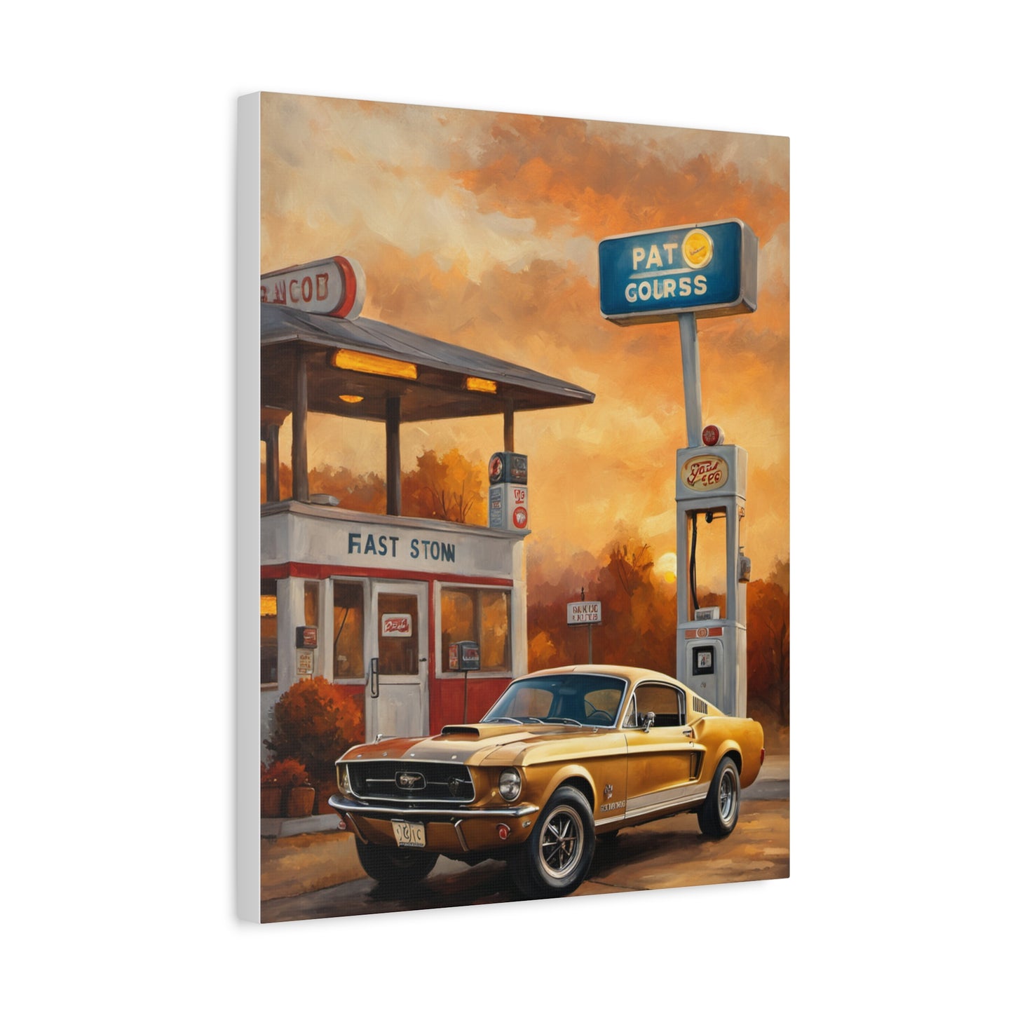 Vintage Car Art Print featuring a classic Mustang at a retro gas station with an orange sunset backdrop