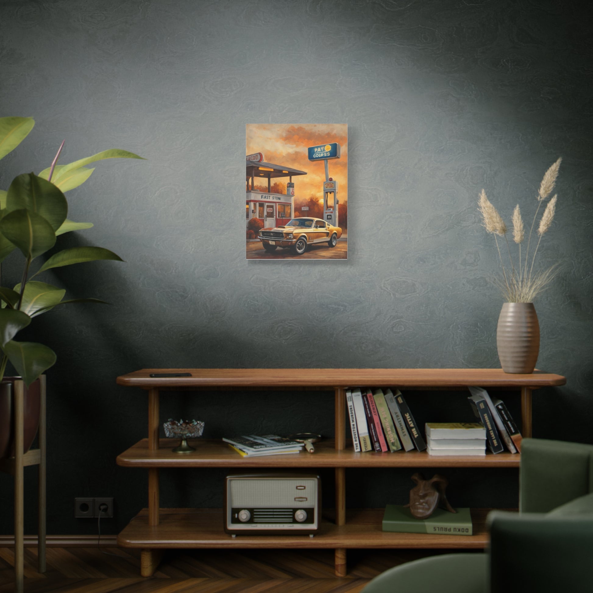 Vintage Car Art Print displayed on a wooden shelf with plants and decor in a stylish living room