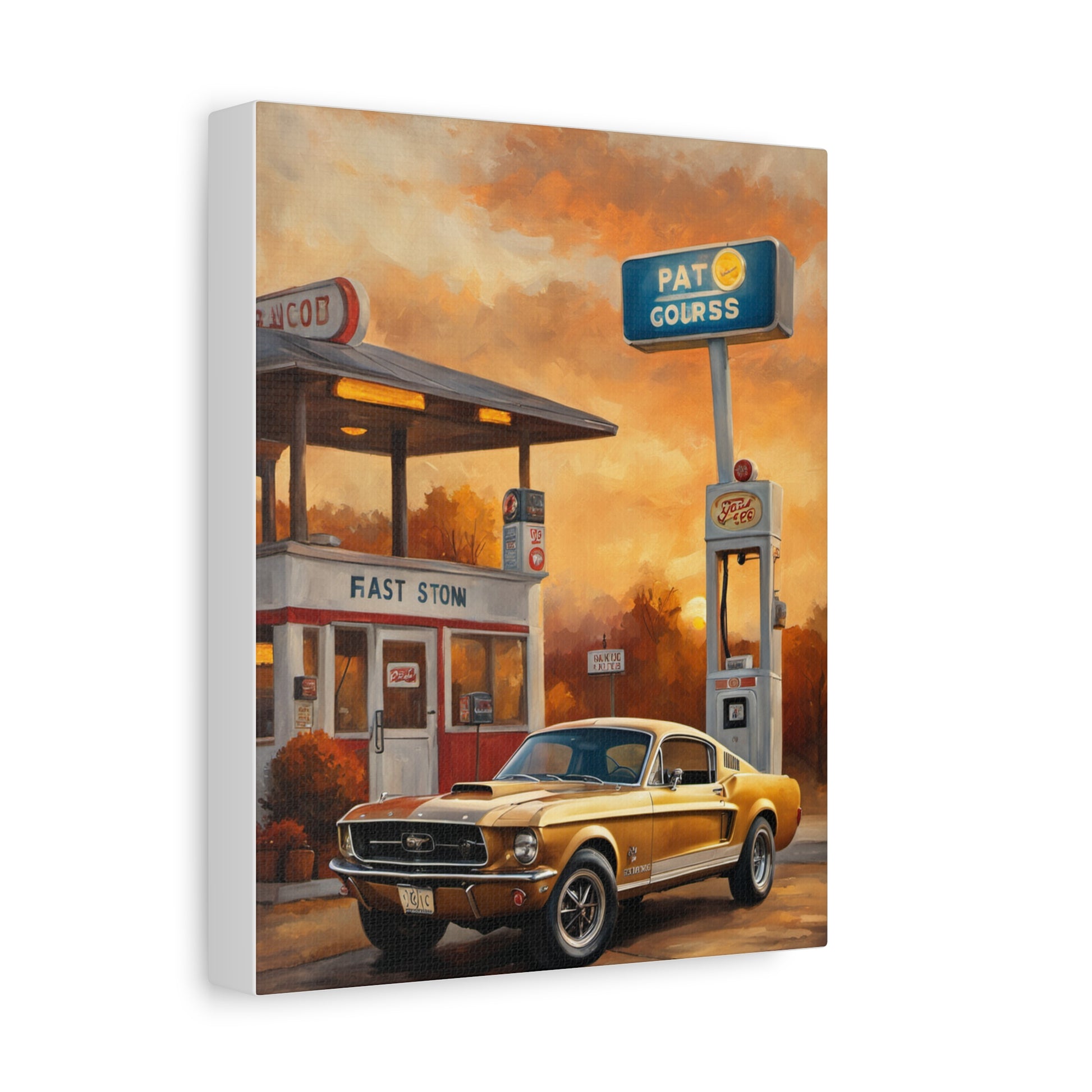 Vintage Car Art Print featuring a classic car at a retro gas station under a sunset sky