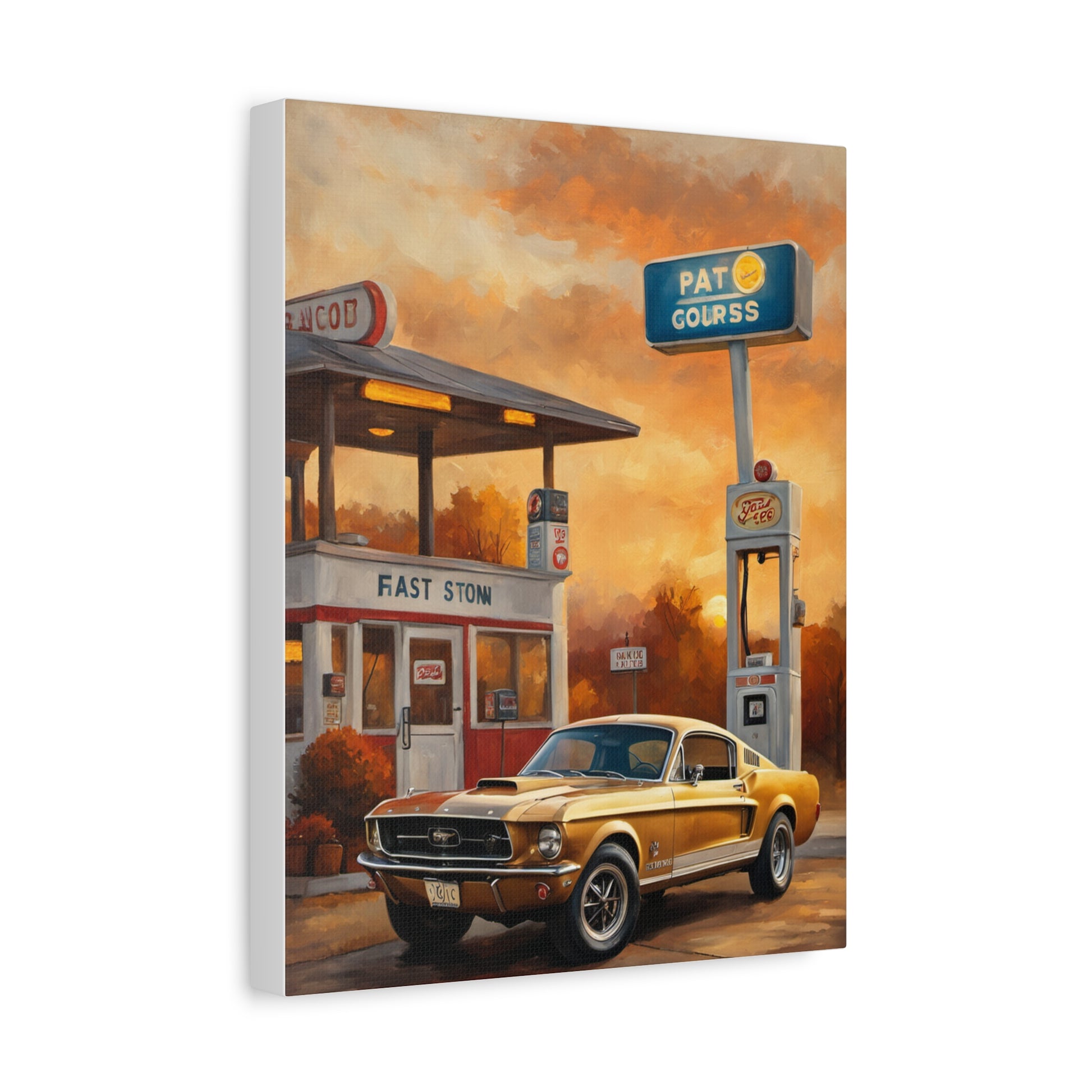 Vintage Car Art Print featuring a classic Mustang at a retro gas station in warm sunset colors