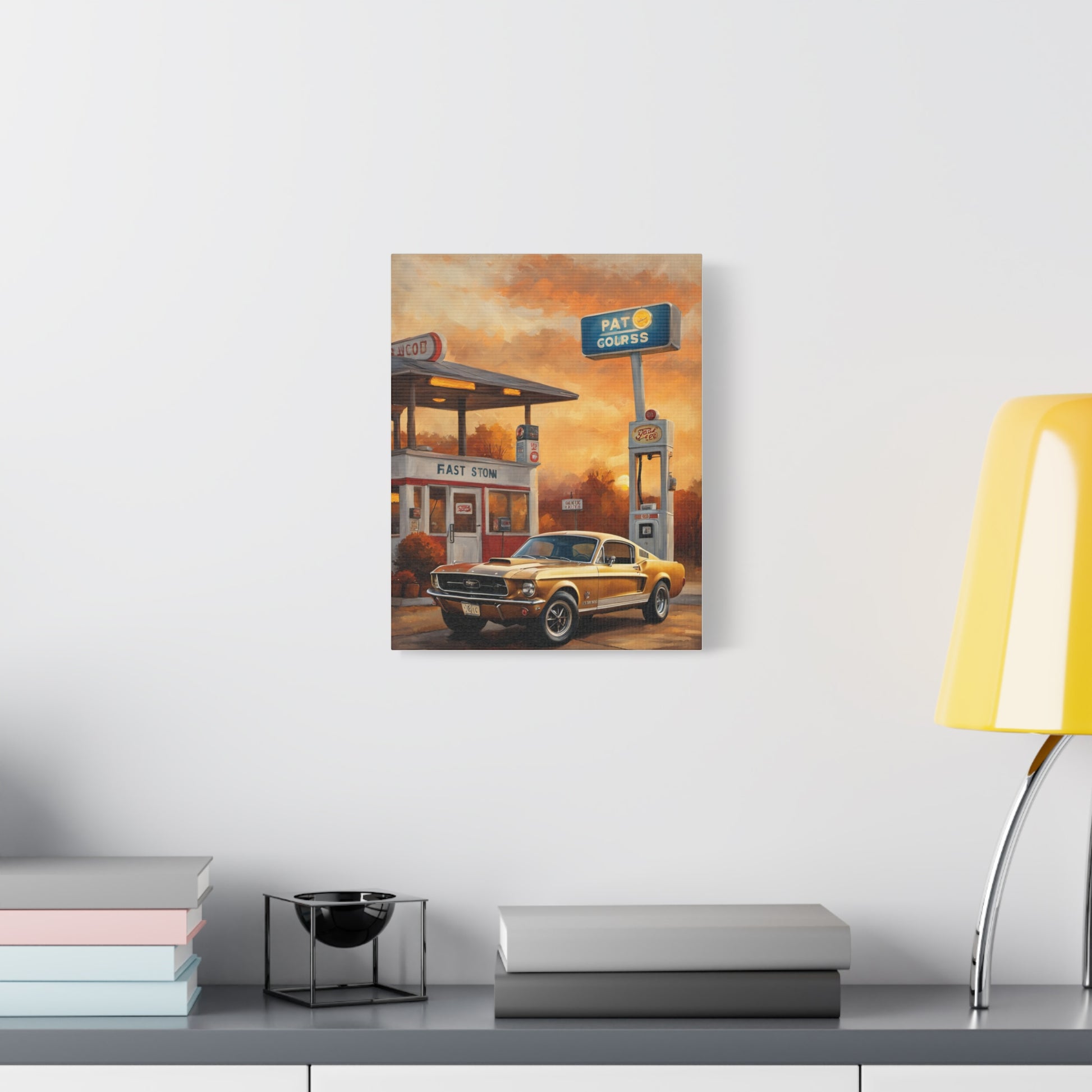 Vintage Car Art Print featuring a classic car at a retro gas station with stylish decor