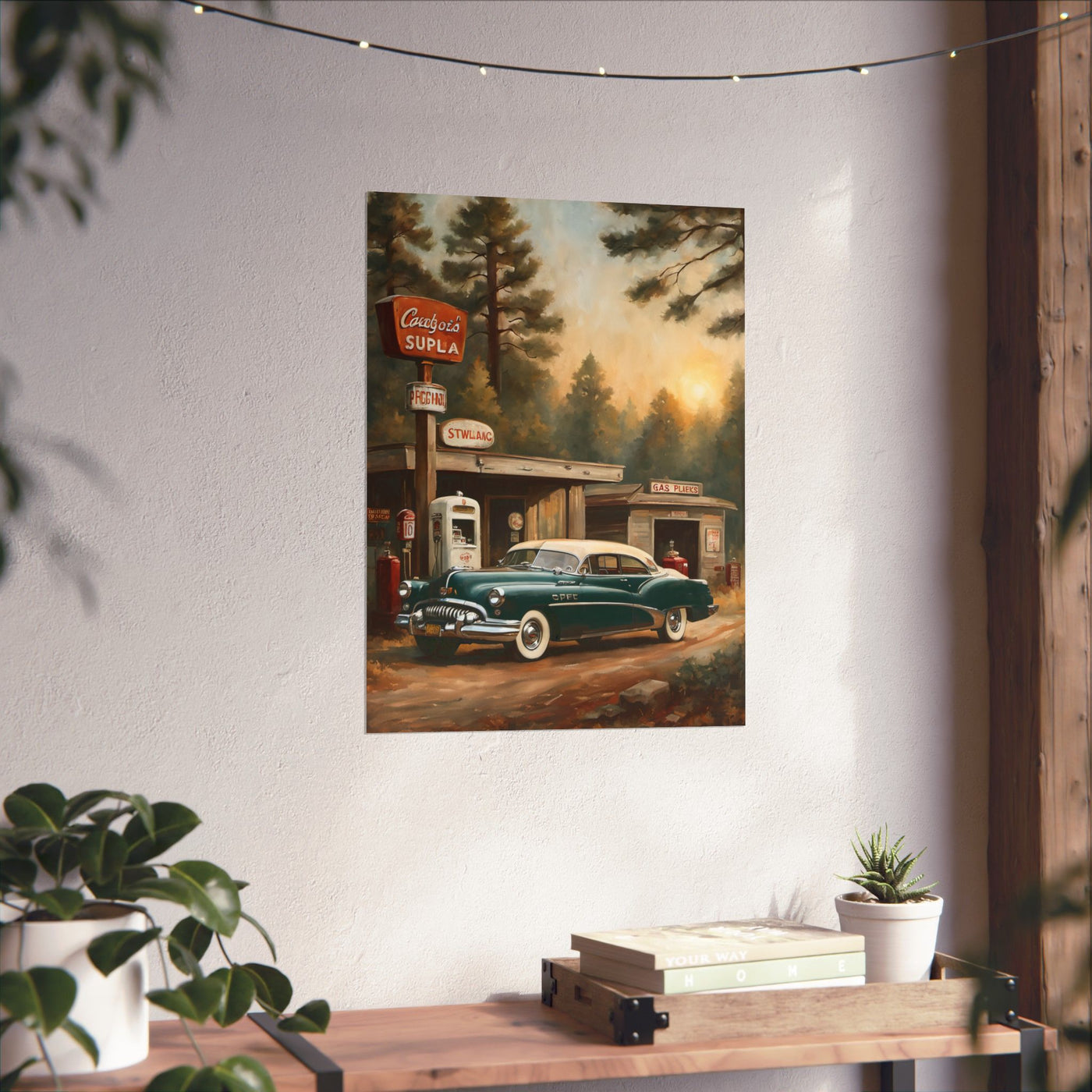 Vintage Car Art Print featuring a classic green car near a gas station in a serene landscape