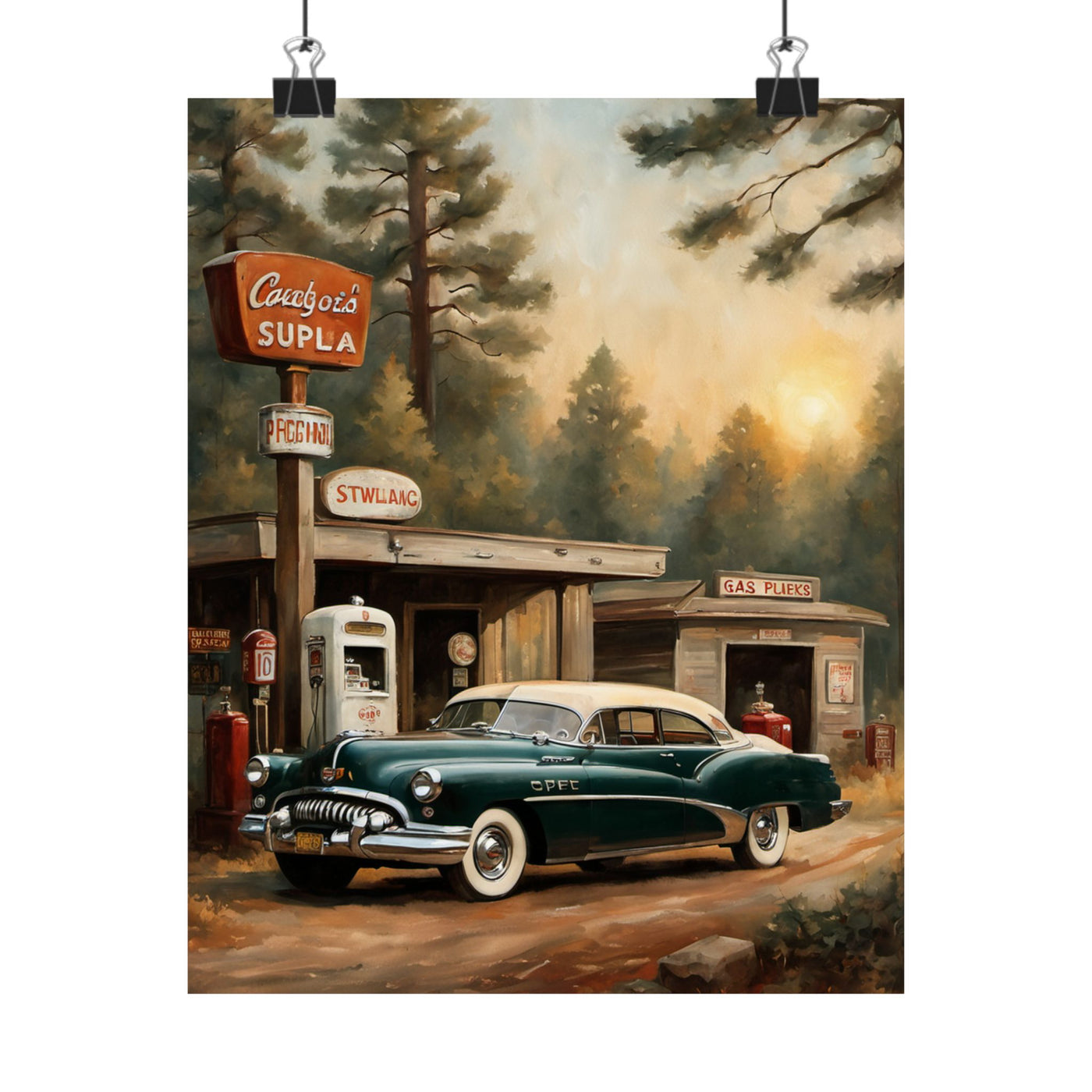Vintage Car Art Print featuring a classic car at an old gas station surrounded by trees