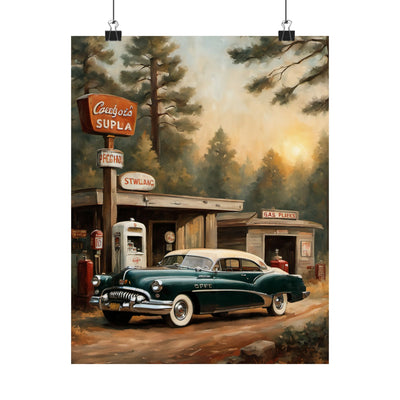 Vintage Car Art Print featuring a classic car at a retro gas station surrounded by trees