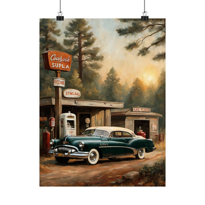 Vintage Car Art Print featuring a classic green car at a rustic gas station in a scenic forest setting