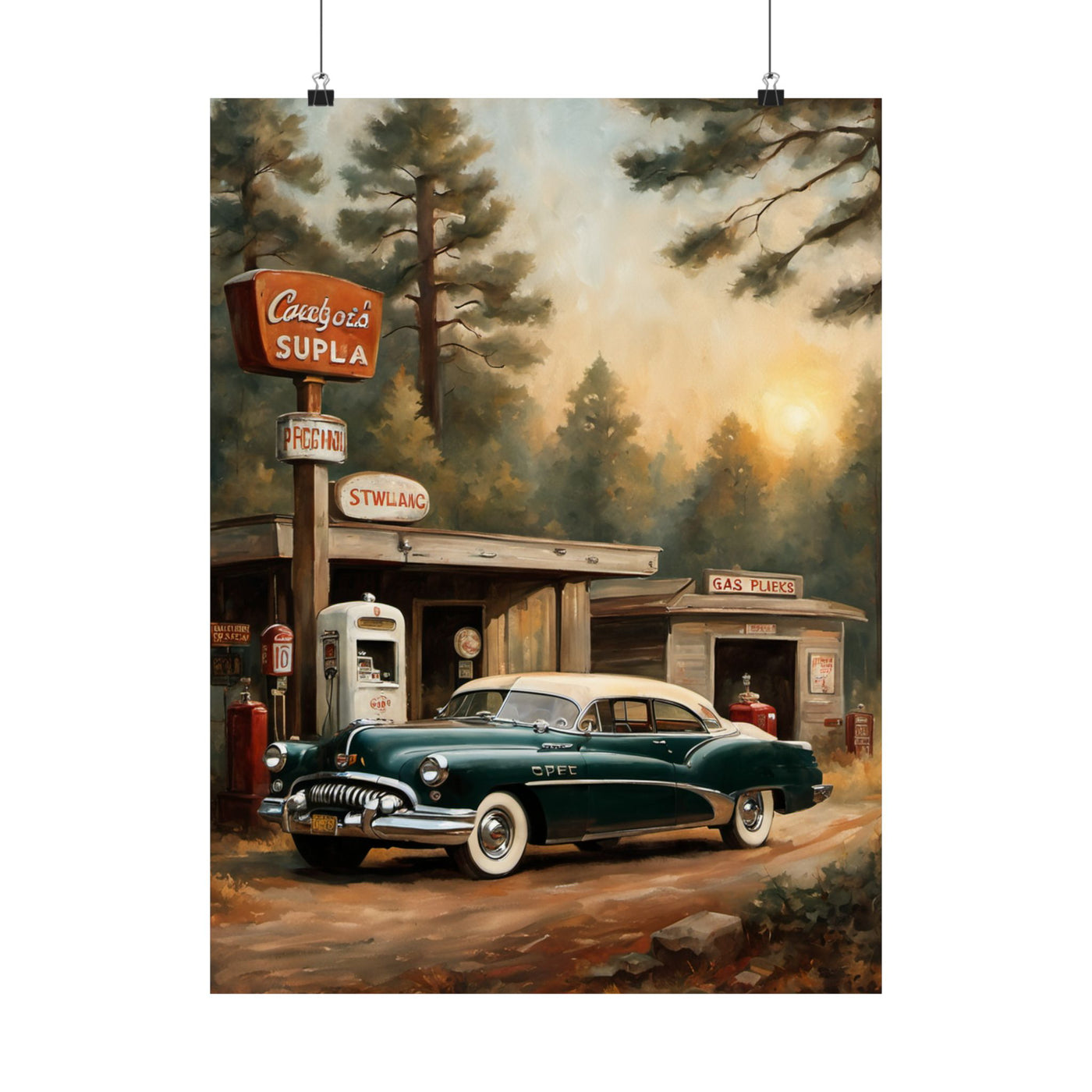 Vintage Car Art Print featuring a classic green car at an old gas station in a forest setting