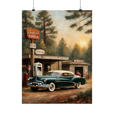 Vintage Car Art Print featuring a classic green car at an old gas station in a forest setting
