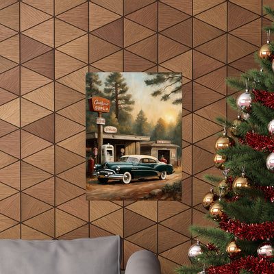Vintage Car Art Print featuring a classic car at a retro gas station amidst a forest backdrop