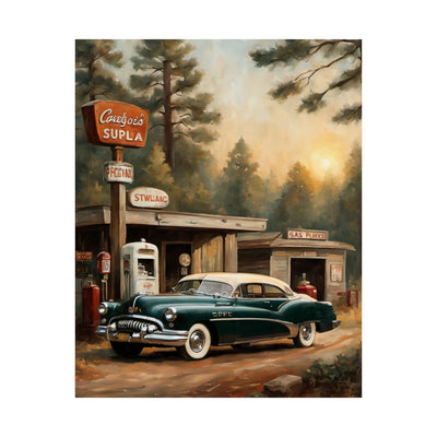 Vintage Car Art Print featuring a classic green car at a retro gas station in a forest setting