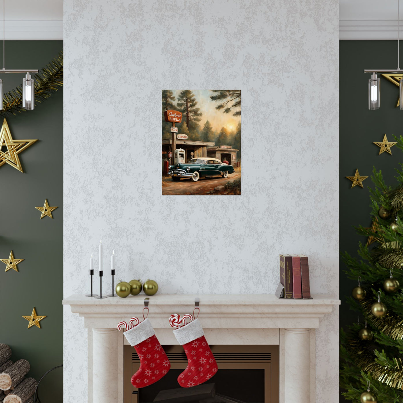 Vintage Car Art Print displayed above a fireplace in a cozy holiday setting