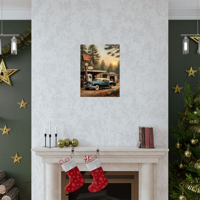 Vintage Car Art Print displayed above a fireplace in a cozy holiday setting