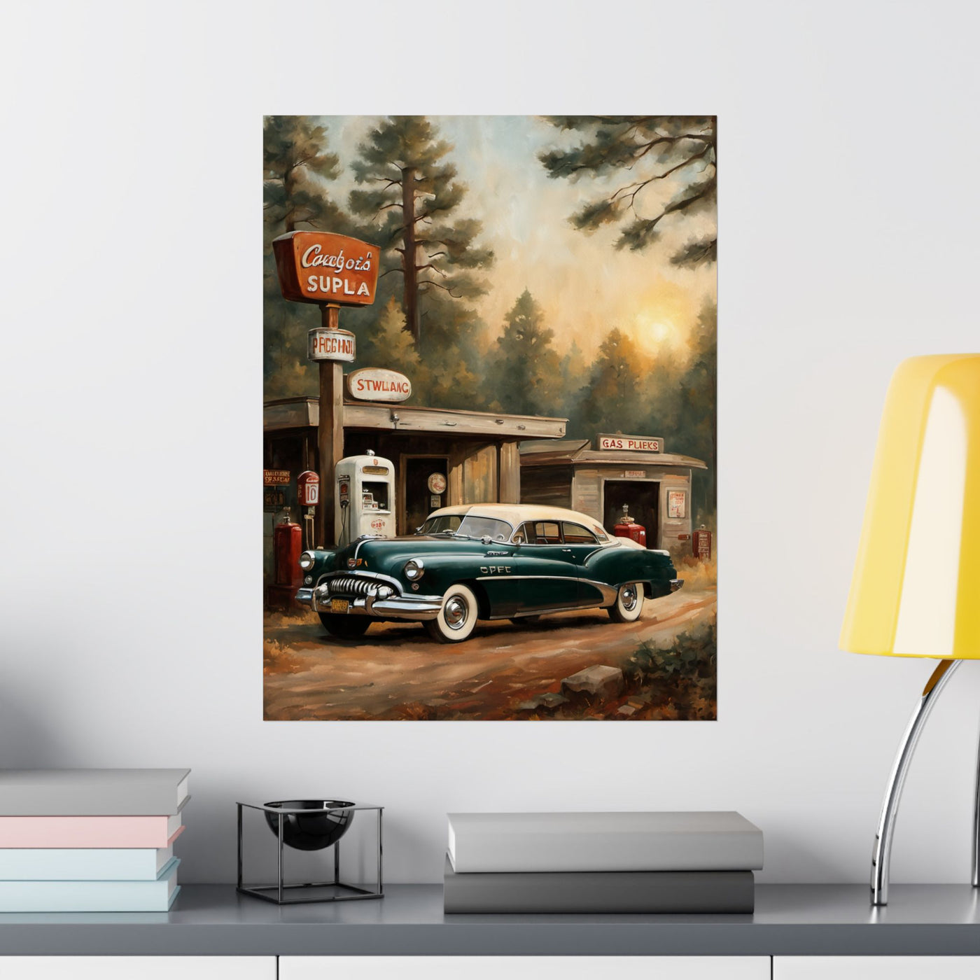 Vintage Car Art Print featuring a classic car at a gas station in a scenic setting