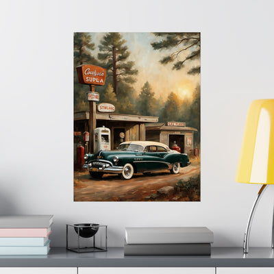 Vintage Car Art Print featuring a classic car at a gas station in a scenic setting