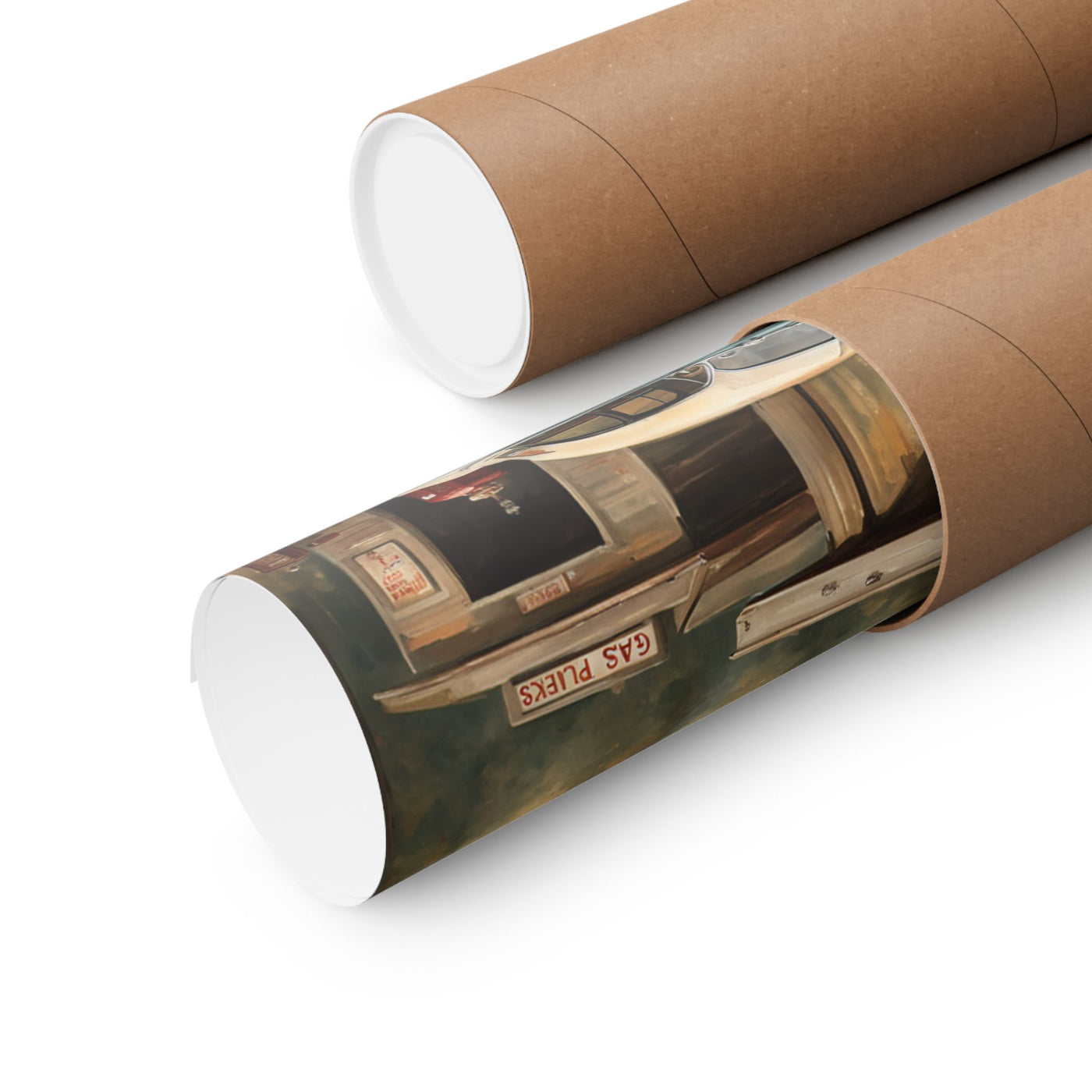 Vintage Car Art Print rolled in a protective tube, showcasing classic automobile design
