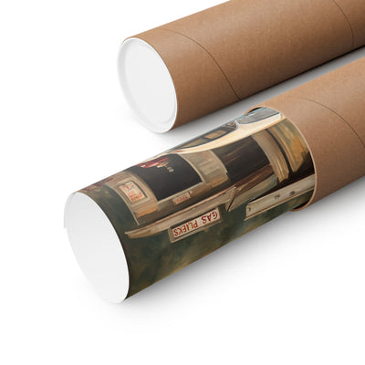 Vintage Car Art Print rolled in a protective tube, showcasing classic automobile design