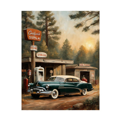 Vintage Car Art Print featuring a classic green car at a nostalgic gas station in a forest setting