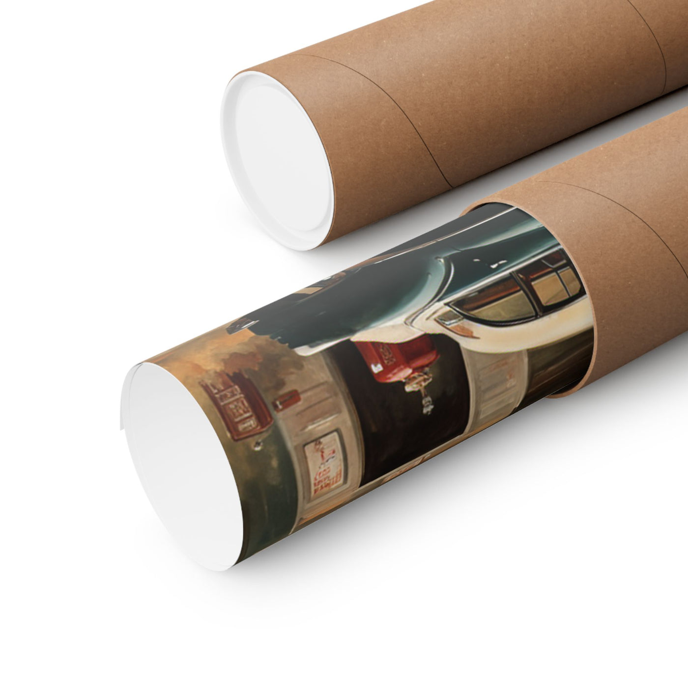Vintage Car Art Print rolled in a cardboard tube ready for shipping from Printify