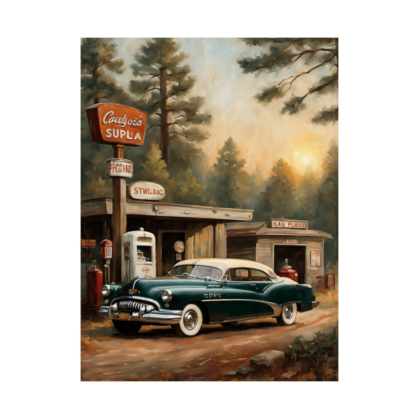 Vintage Car Art Print featuring a classic green car in a nostalgic gas station setting