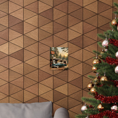 Vintage Car Art Print displayed on a geometric wall background with a Christmas tree nearby
