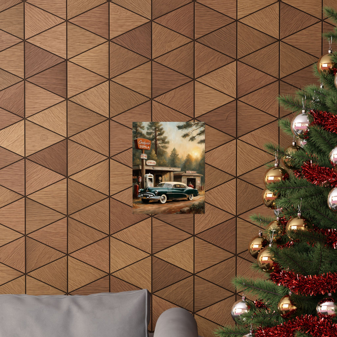 Vintage Car Art Print displayed on a stylish wall with geometric pattern and Christmas tree decoration