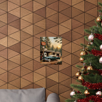 Vintage Car Art Print displayed on a stylish wall with geometric pattern and Christmas tree decoration