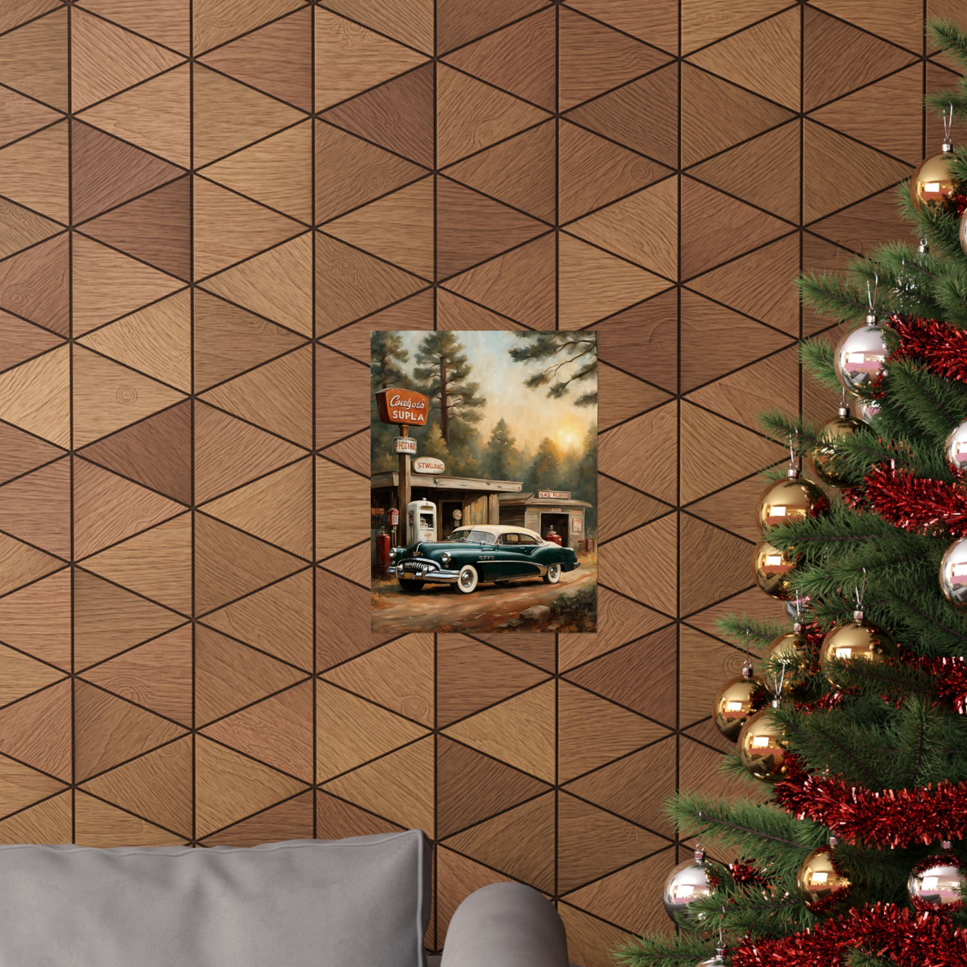 Vintage Car Art Print displayed on a geometric patterned wall in a cozy living room setting