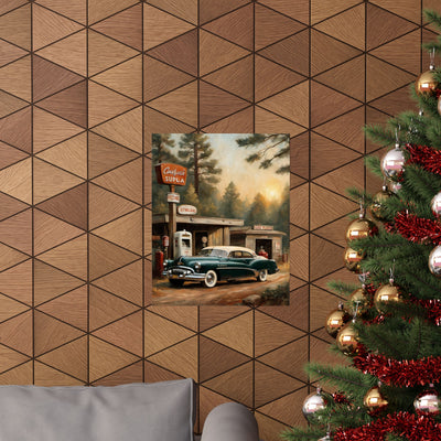 Vintage Car Art Print featuring a classic car at a retro gas station on a wooden wall