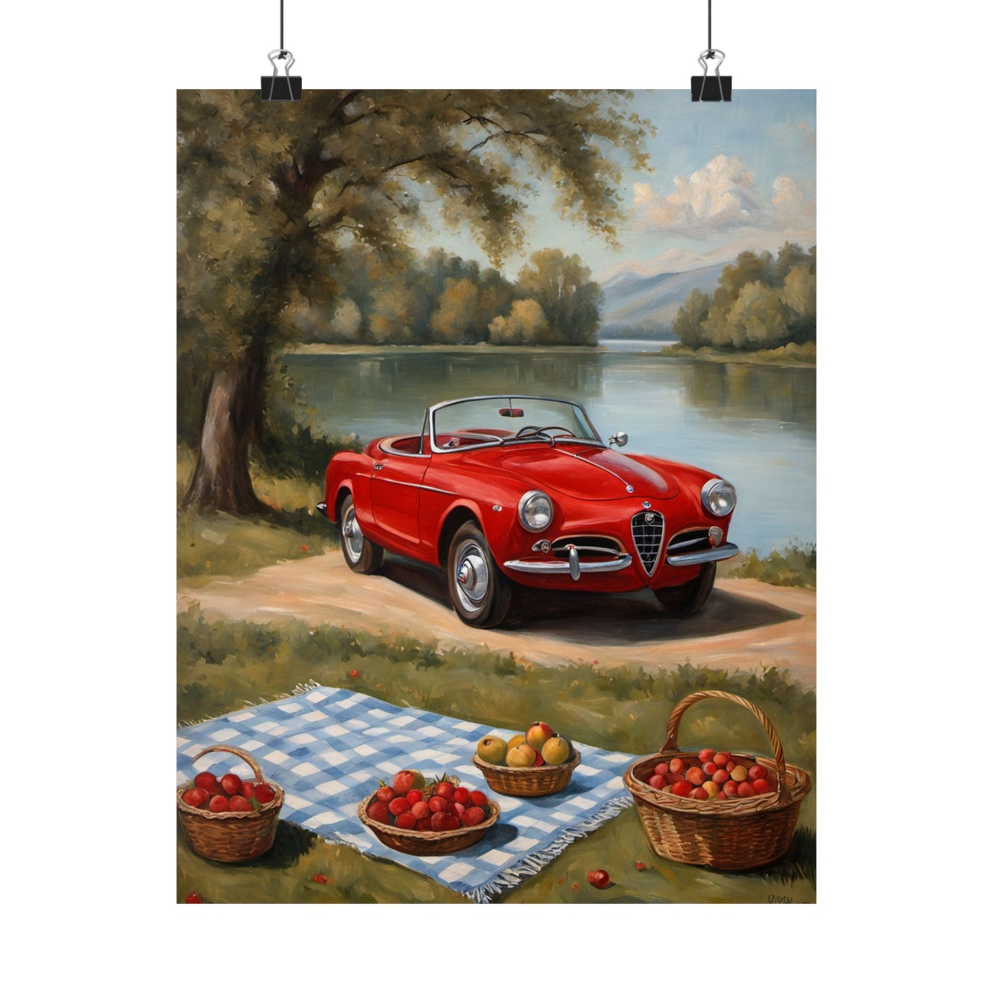 Vintage Car Art Print featuring a red convertible by a scenic river with picnic baskets and fruit