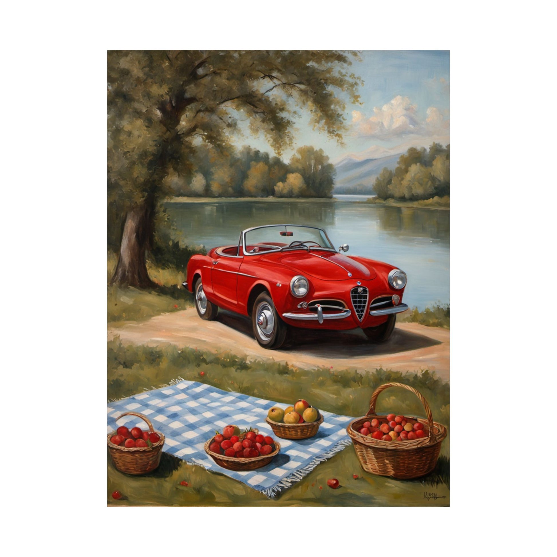 Vintage Car Art Print featuring a red convertible by a serene lake with picnic baskets of fruit